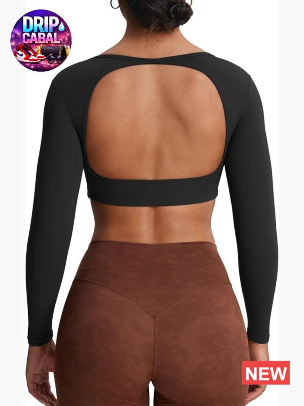 Backless Crop Top Long Sleeve Crew Neck Padded Workout T-Shirt